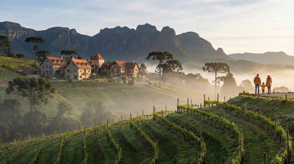 Vale com vinhedos e montanhas ao amanhecer